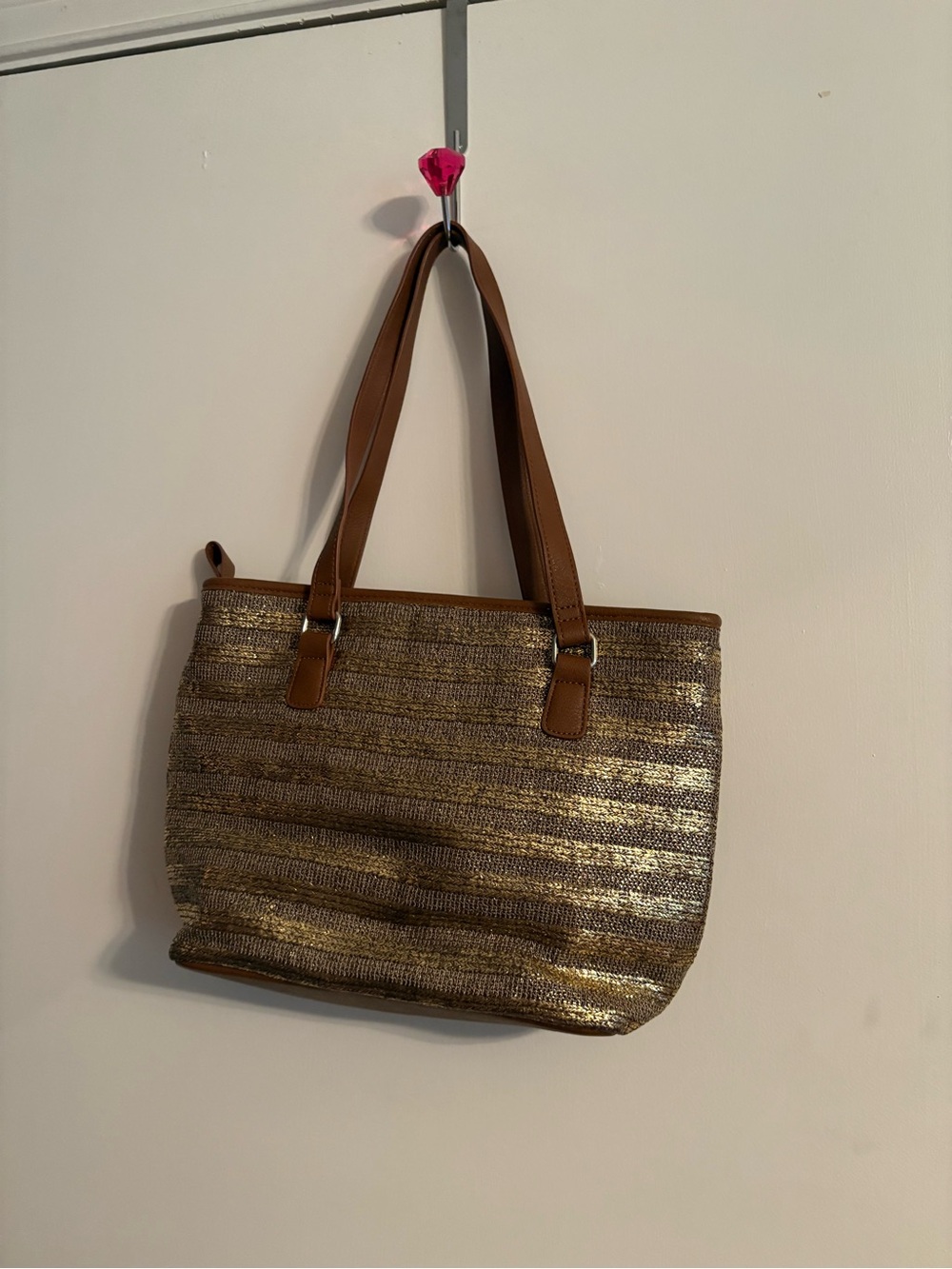 Women’s Metallic Gold Stripe Tote Bag with Tan Handles